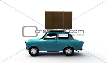 old car with a big box on top