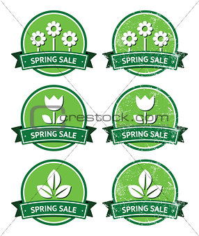 Spring sale retro green round labels - grunge style