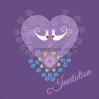 Purple invitation with two love birds and heart