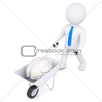 3d white man carries a wheelbarrow of brain