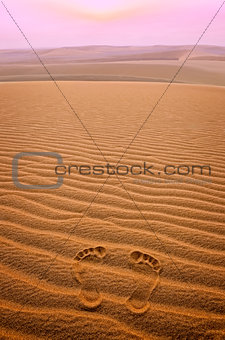 Two footprints in sand in the desert