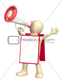 3d puppet with megaphone and message board