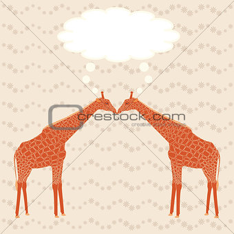 Two giraffes over stripy background