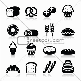 Bakery, pastry icons set - bread, donut, cake, cupcake