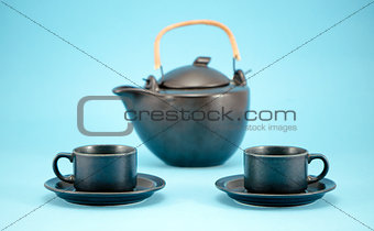 dish retro tea pot cups saucers morning drink blue 