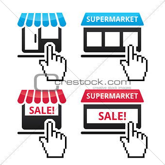 Shop, supermarket, sale icons with cursor hand icon