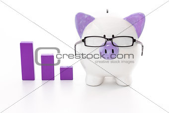 Piggy bank wearing glasses with purple graph model
