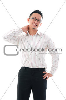 asian chinese business Man with neck pain in agony