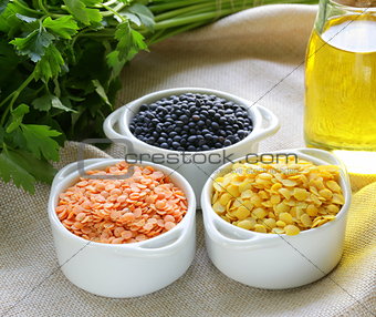 different kinds of lentils - red, yellow and black