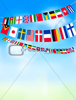 World bunting flags on blue sky. Vector illustration