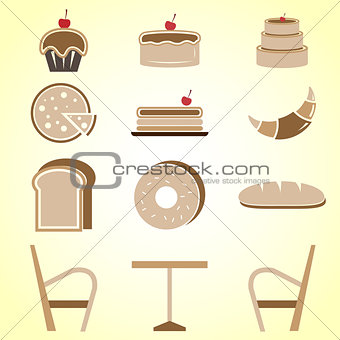 Variety of bakery color icons in coffee shop