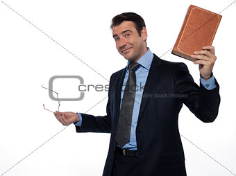 Man professor showing book teaching