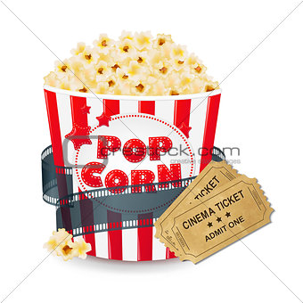 Popcorn In Cardboard Box With Tickets Cinema