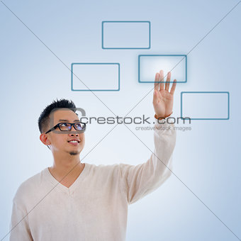 Asian man finger pressing on touch screen monitor button