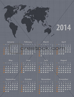 Calendar 2014 world map linen texture