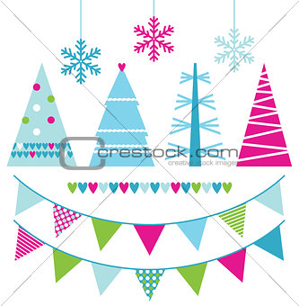 Abstract xmas trees and design elements isolated on white