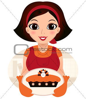 Retro cartoon Woman serving Thanksgiving food