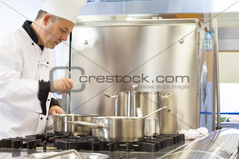 Concentrated head chef stirring in pot