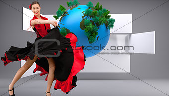 Composite image of woman in a red and black dress