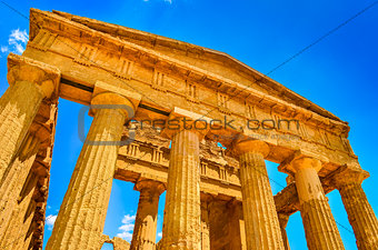 Ruins of ancient temple front pillars in Agrigento, Sicily