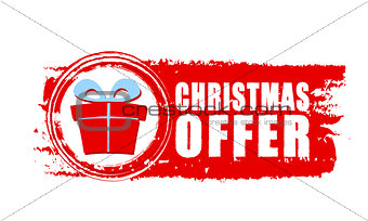 christmas offer and gift box on red drawn banner