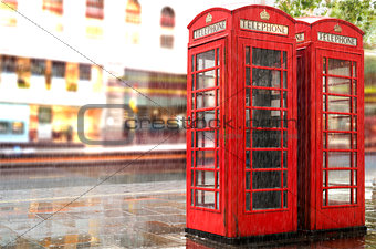 Rainy day.Red Phone cabines in London