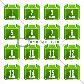 March vector flat calendar icons with long shadow. Calendar Days Of Year Set 11