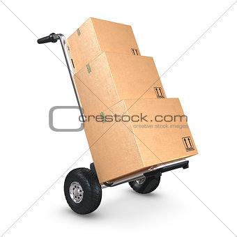 Hand Truck tilted with three Boxes