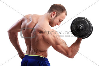 Bodybuilding. Strong man with a dumbbell