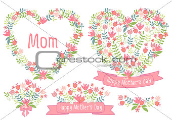 Happy mother's day, floral hearts, vector set