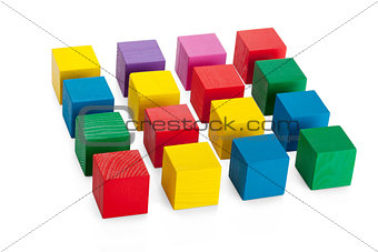 4*4 square of wooden toy cubes isolated on white background