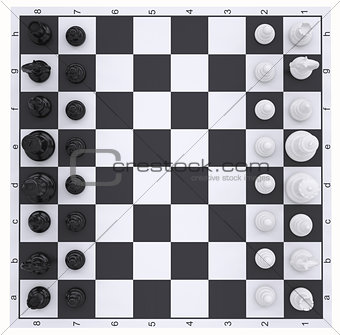 Chess on the chessboard. Top view