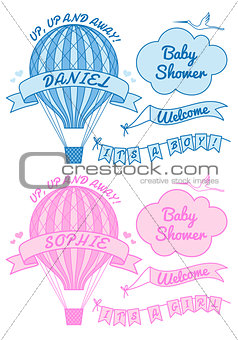 new baby boy and girl with hot air balloon, vector