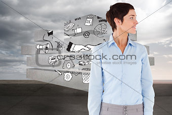 Composite image of woman looking at her right side