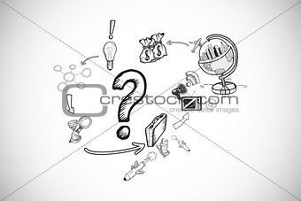Composite image of question mark with earth and profit doodles