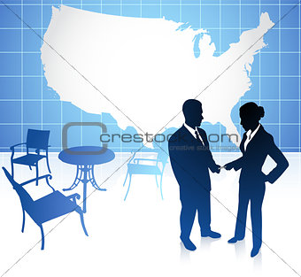 businessman and businesswoman meeting at cafe on united states b