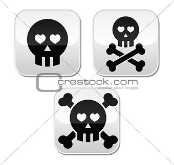 Cartoon skull with bones and hearts vector buttons set