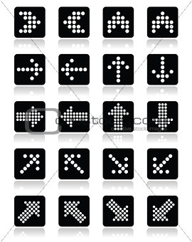 Dotted arrows on black square icons set isolated on white