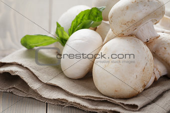 fresh white champignon on wood table