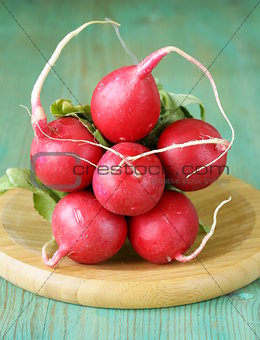 bunch of fresh organic radishes on wooden plate