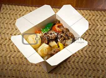 take-out food - Beef slice  and potato.
