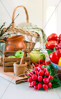Fresh vegetables on table in kitchen