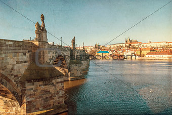 Prague, Charles Bridge, Czech Republic, textured old paper