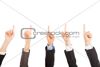 business people hands point upward together