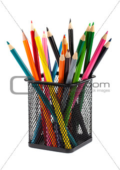 Color pencils in black metal container