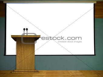 Podium on Stage with Blank Projector Screen