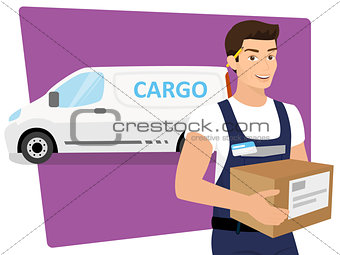 Delivery service man with a box in his hands and delivery car behind him.
