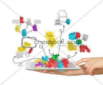 Hands hold tablet pc with business sketches