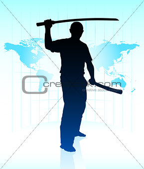 Karate Sensei with Sword on World Map Background