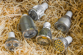 GU10 LED bulbs with different cooling on straw